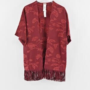 CHICOS Ruana Wrap Womens Size S/M Chenille Floral Jacquard Red Fringe‎ Trim NEW